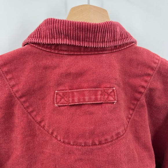Vintage 80s Lizwear croped trucker denim jacket burgundy red corduroy accent M - Picture 13 of 16